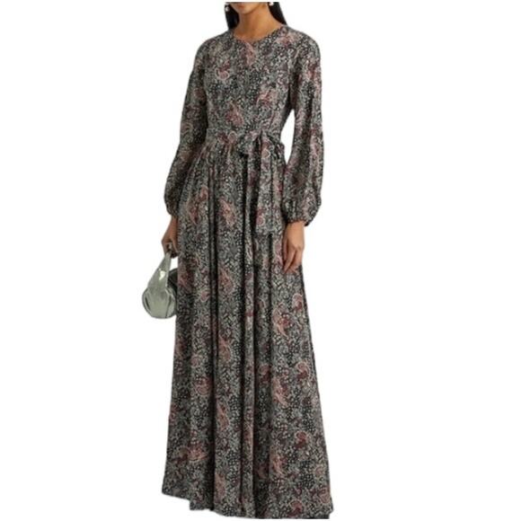 Mikael Aghal Dresses & Skirts - Mikael Aghal Pleated Printed Black Long Sleeve Crepe de Chine Maxi Dress Size 6